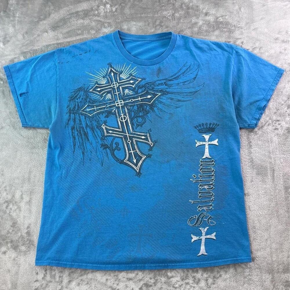 Vintage Y2K Cross Graphic T Shirt Blue Mens Estimated L XL Affliction Style